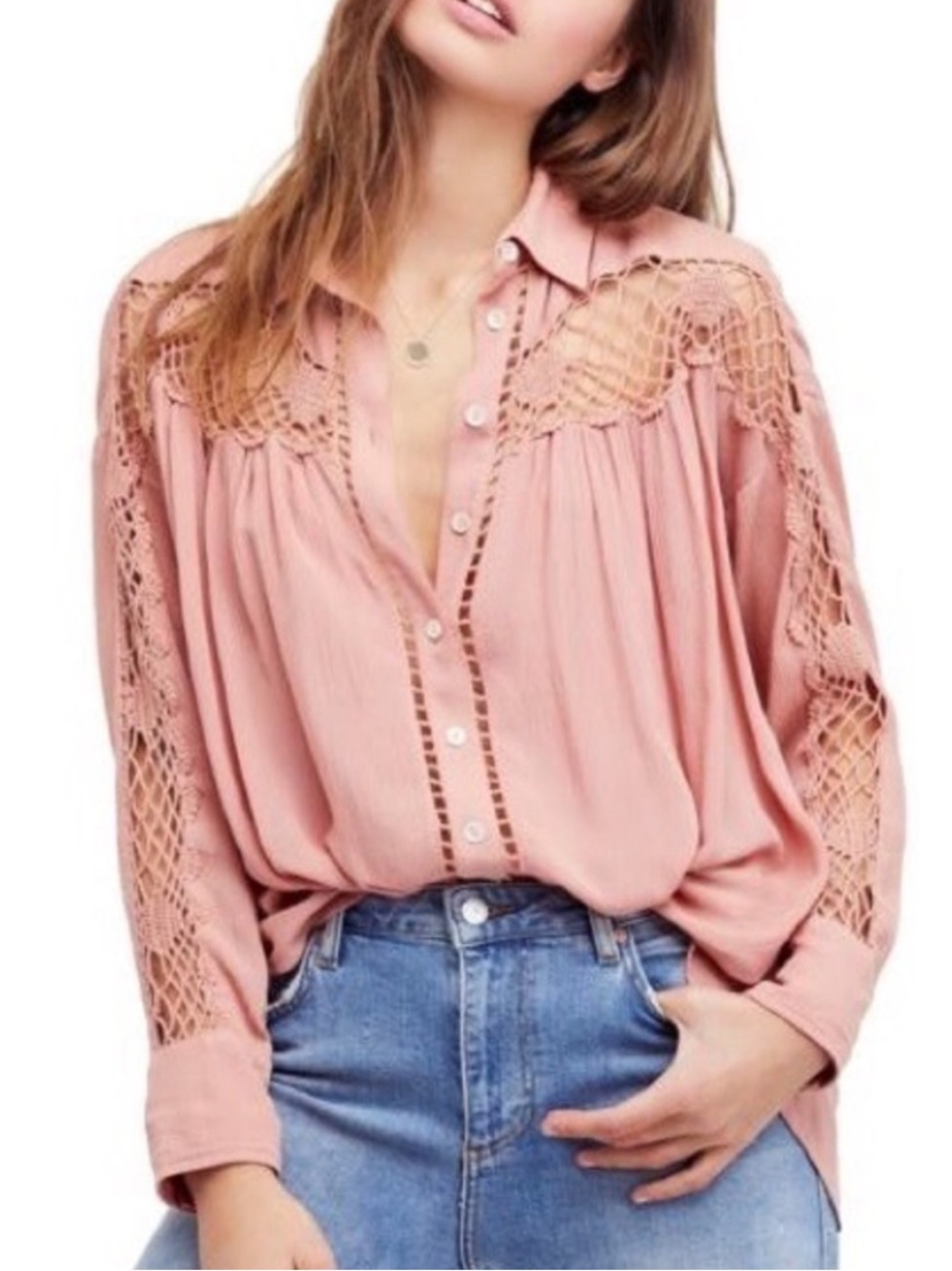 Free People Katie Bird Crochet Inset Shirt Front Blouse - Dusty Rose Small